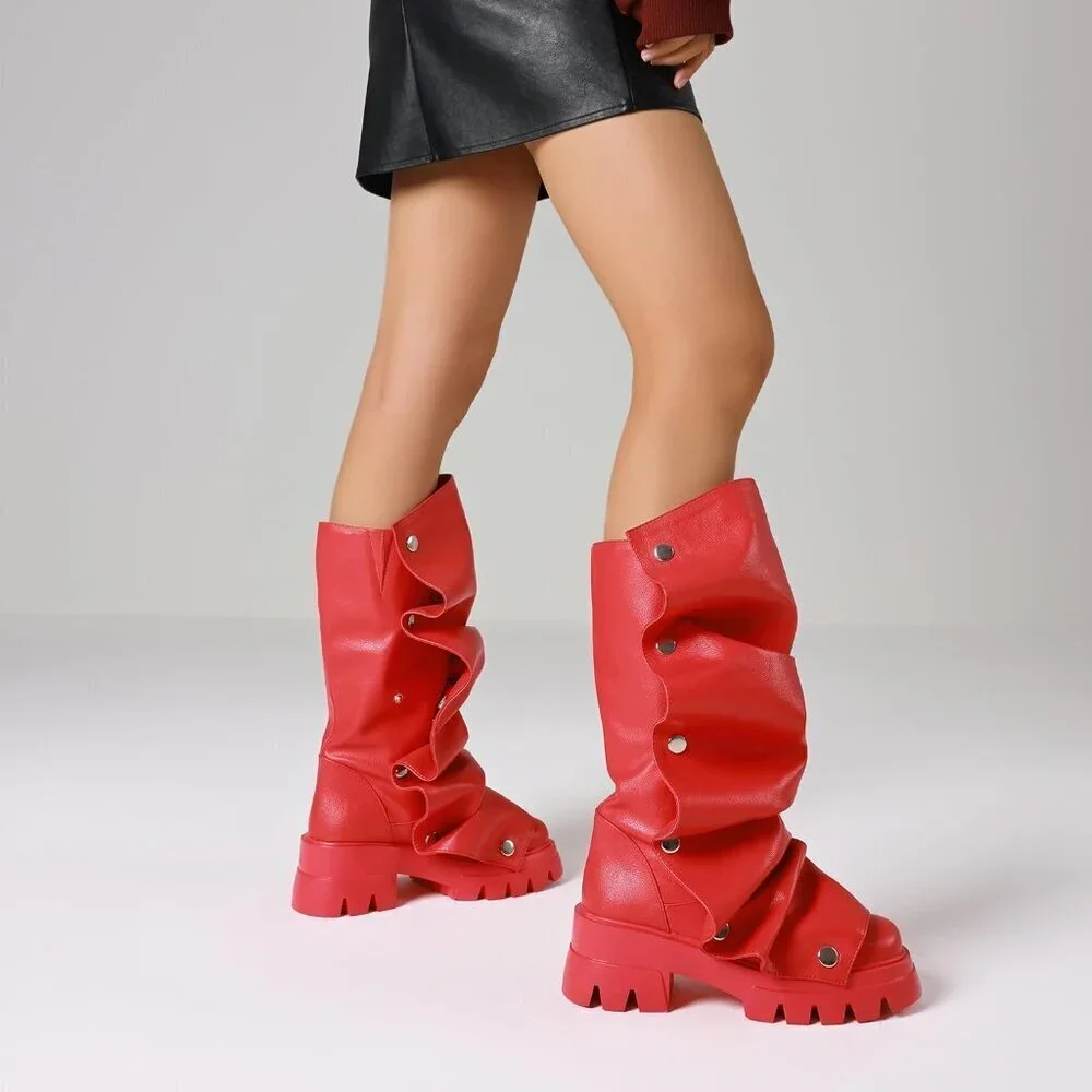 Women's Red Pu Fold Over Knee Slouchy Ruched Stacked Heel Round Toe Boots